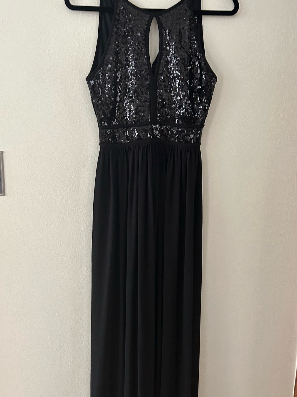 Morgan & Co. Black Sequin Halter Maxi Dress with Keyhole